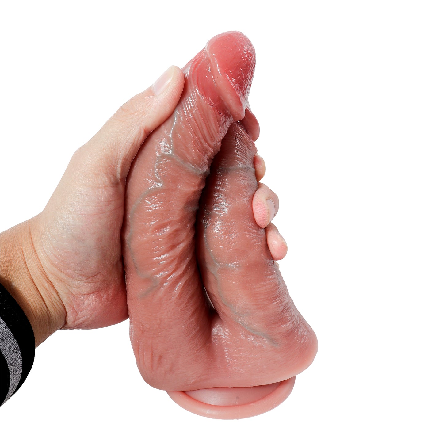 Dildo dublu LovePlay ™ DoubleHeads, cu doua capete, stimulare vaginala si anala, din silicon de inalta calitate, cu fixare prin ventuza puternica, vene proeminente, design ultra-realist, 18 cm, respectiv 21 cm - LovePlay