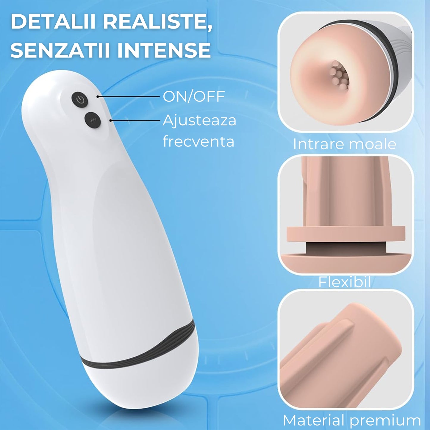 Masturbator LovePlay™ ModernHer, 10 moduri diferite de vibratie puternice, 3 tipuri de suctie, efect de masaj, cu sunete de placere, din silicon premium si sigur, moale, rezistent la apa, incarcare USB, design discret, lungime inserabila 15 cm - LovePlay