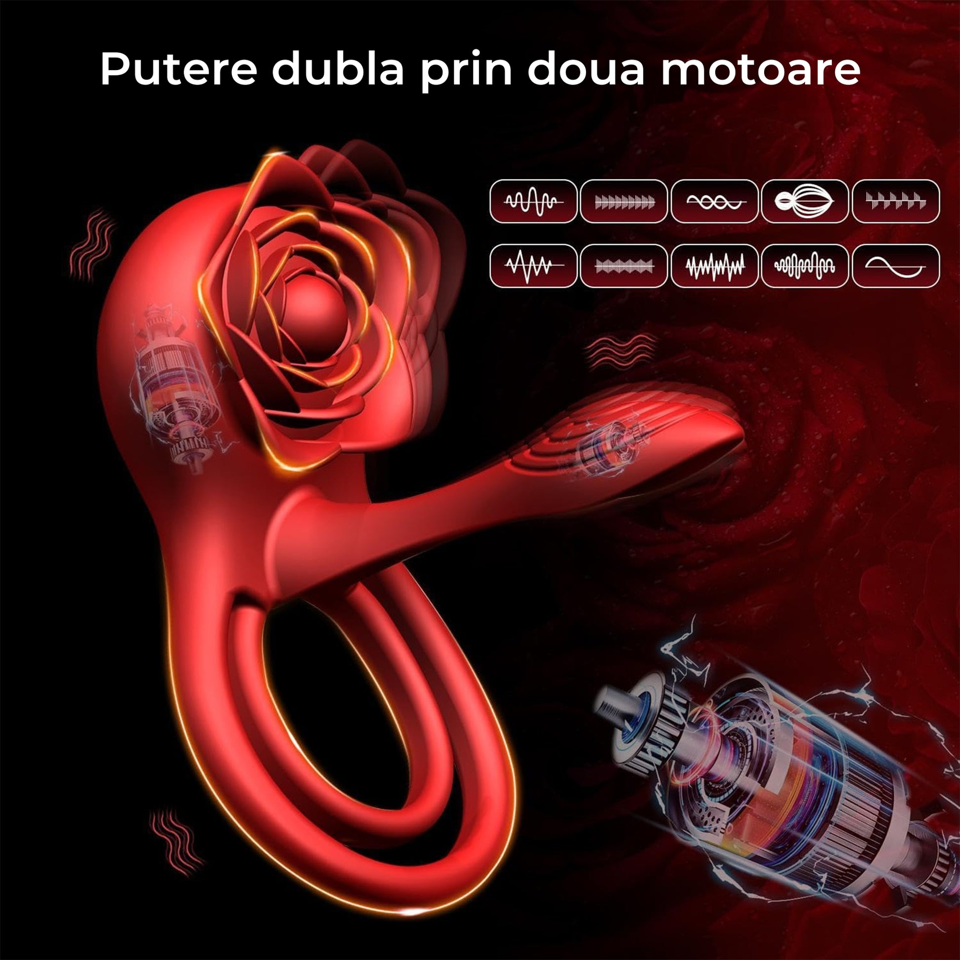 Vibrator LovePlay™ 3 in 1 RoseRing, 9 moduri de vibratie diferite, cu inel de penis pentru intarzierea ejacularii, stimulare clitoridiana si punct G, atasabil, cu telecomanda, incarcare USB, rezistent la apa, design floral, 10 x 10 x 5.4 cm - LovePlay
