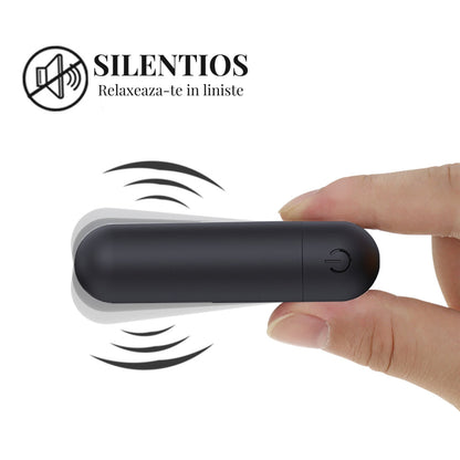 Vibrator LovePlay™ Mini, cu 10 moduri de vibratie, silentios, rezistent la apa, incarcare USB, usor de transportat si curatat, design discret, negru, din silicon, 7.5 cm - LovePlay