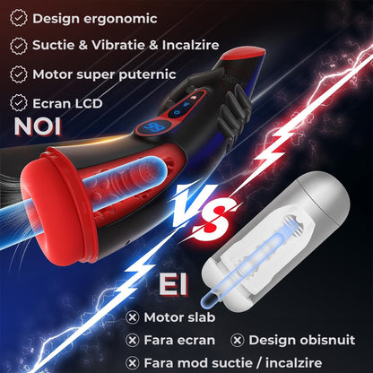 Masturbator LovePlay™ cu 9 moduri de vibratii, 9 moduri de suctie, functie de incalzire, control prin aplicatie, silentios, adancime penetrare 16 cm, design realist, ecran LCD, din silicon premium moale, rezistent la apa, ambalaj discret, usor de folosit - LovePlay