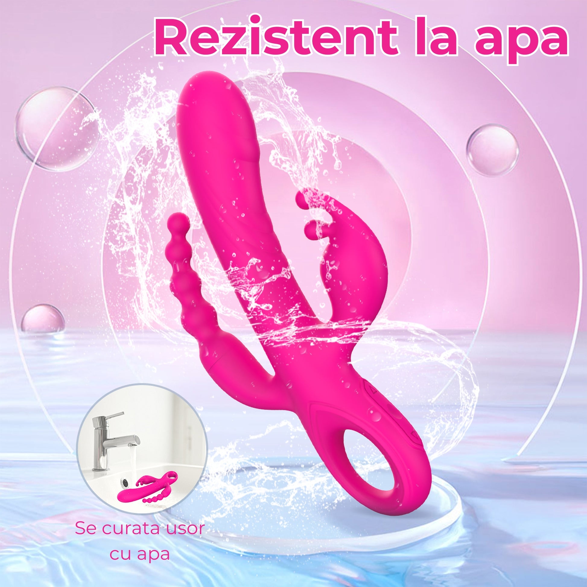 Vibrator triplu LovePlay™ BunnyBurst cu 3 functii diferite si 3 motoare independente, stimulare simultana punct G, A si clitoris, din silicon ultra-moale, flexibil, incarcare USB, design silentios si rezistent la apa - LovePlay