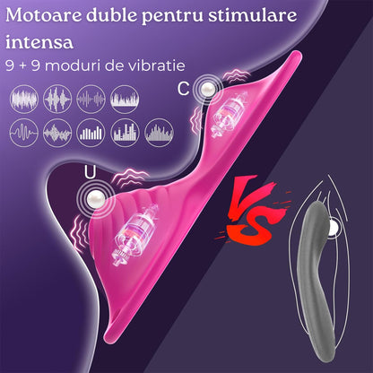 Vibrator LovePlay™ PantyJoy, cu 9 moduri de vibratie prin telecomanda, 9 moduri de vibratie prin aplicatie, dublu motor, design purtabil, pentru stimulare clitoridiana si vaginala, din silicon moale, impermeabil, cu incarcare magnetica USB, roz - LovePlay