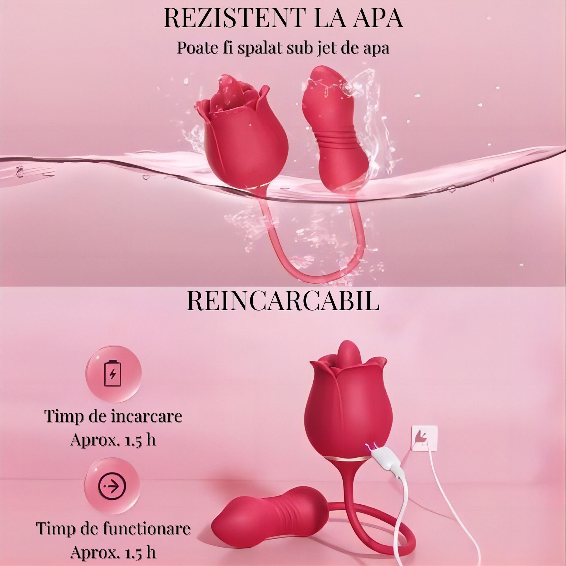 Vibrator dublu LovePlay DoubleFun, din silicon premium, cu 9 functii de vibratie, 9 functii de penetrare, reincarcabil, rezistent la apa, design discret si silentios, rosu - LovePlay