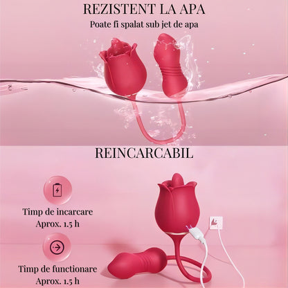 Vibrator dublu LovePlay DoubleFun, din silicon premium, cu 9 functii de vibratie, 9 functii de penetrare, reincarcabil, rezistent la apa, design discret si silentios, rosu - LovePlay