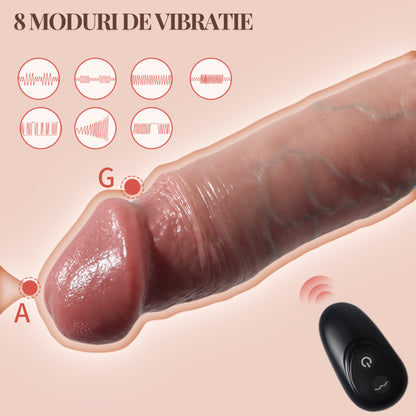 Manson penis LovePlay™ LongFriend cu vene proeminente, 10 moduri de vibratie, functie de alungire si ingrosare, control prin telecomanda, din silicon non-toxic, lungime inserabila de 18 cm, rezistent la apa, atasabil, diametru interior 4.5 cm, 173 g, - LovePlay