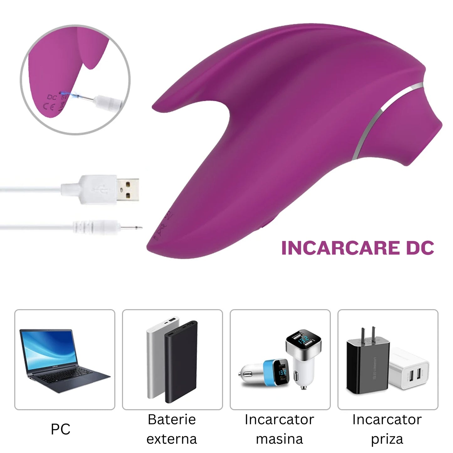 Vibrator 2 in 1  din silicon LovePlay™ Dual Pleasure, pentru femei, rezistent la apa, discret si usor de curatat, pentru stimularea clitoridiana si a sanilor, cu functie de suctiune, mov