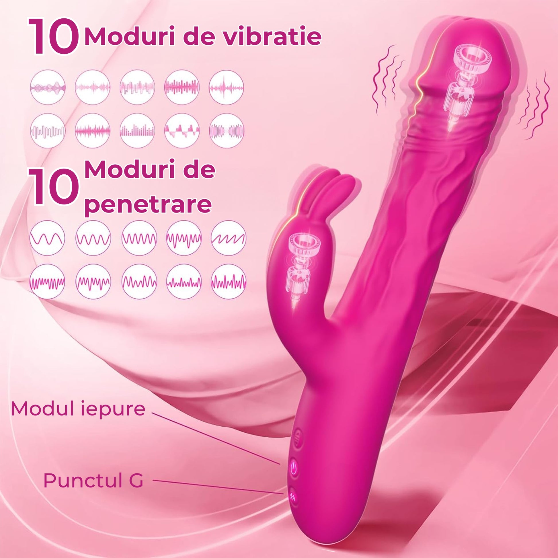 Vibrator LovePlay™ Bunny, cu 10 moduri diferite pentru stimulare dubla: clitoris si punctul G, cu functie de penetrare, dildo realist, tip iepure, rezistent la apa, din silicon non-toxic, lungime inserabila 14 cm, roz - LovePlay