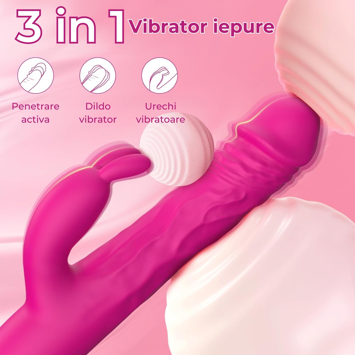 Vibrator LovePlay™ Bunny, cu 10 moduri diferite pentru stimulare dubla: clitoris si punctul G, cu functie de penetrare, dildo realist, tip iepure, rezistent la apa, din silicon non-toxic, lungime inserabila 14 cm, roz - LovePlay