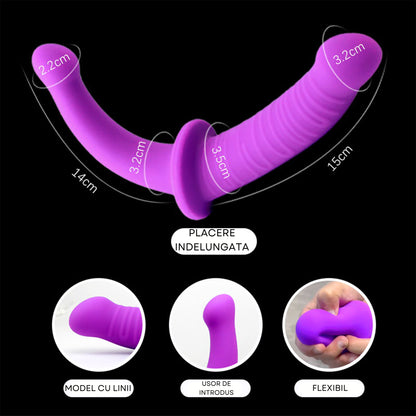 Dildo Dublu Strapless Loveplay™ DualLove din Silicon Premium, Lungime Inserabila 15 cm, respectiv 14 cm, Grosime 3.2 cm / 2.2 cm, Unghi Natural 45°, Flexibil, Moale, Rezistent la Apa, Compatibil cu Lenjerie Speciala, Potrivire Confortabila, Culoare Mov - LovePlay