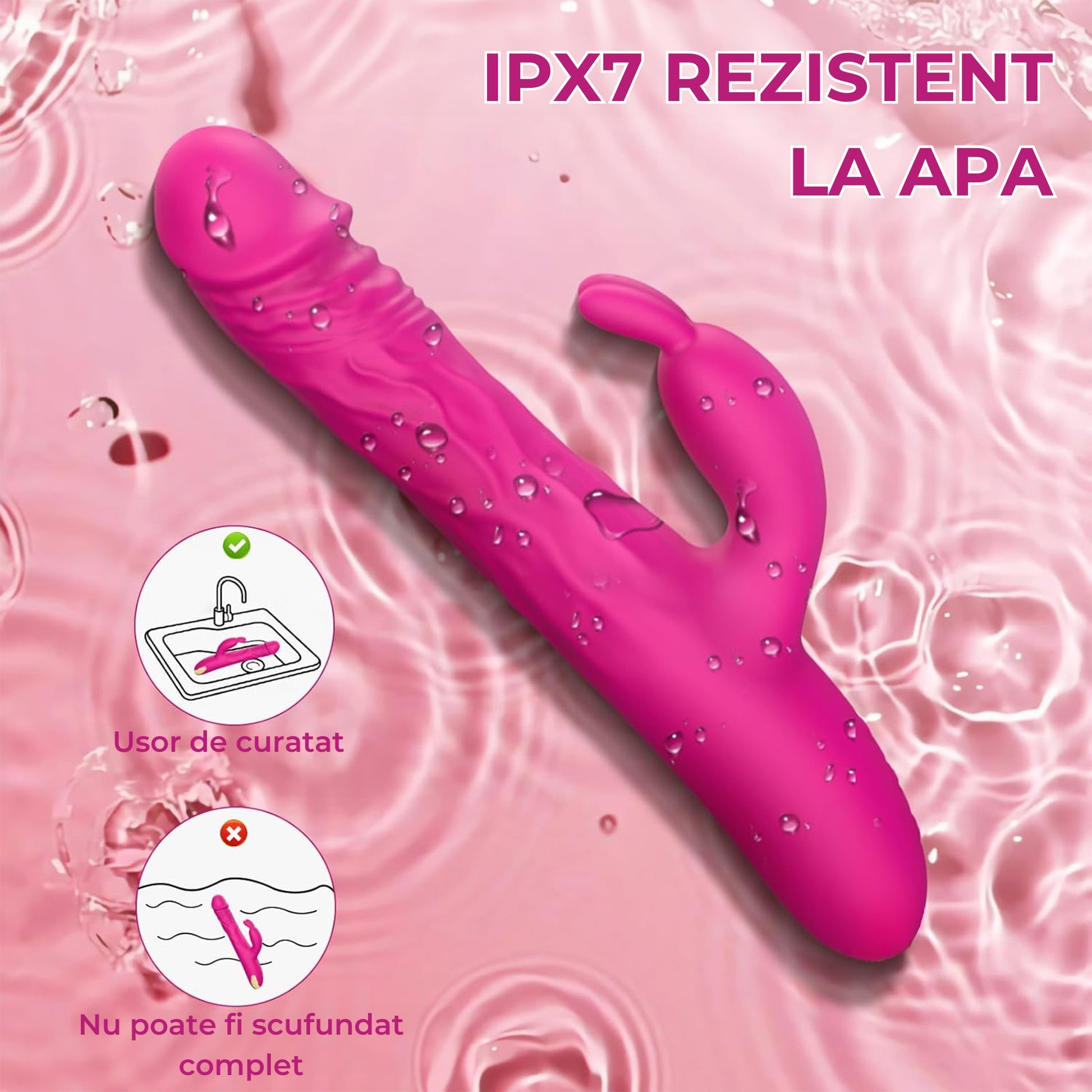 Vibrator LovePlay™ Bunny, cu 10 moduri diferite pentru stimulare dubla: clitoris si punctul G, cu functie de penetrare, dildo realist, tip iepure, rezistent la apa, din silicon non-toxic, lungime inserabila 14 cm, roz - LovePlay