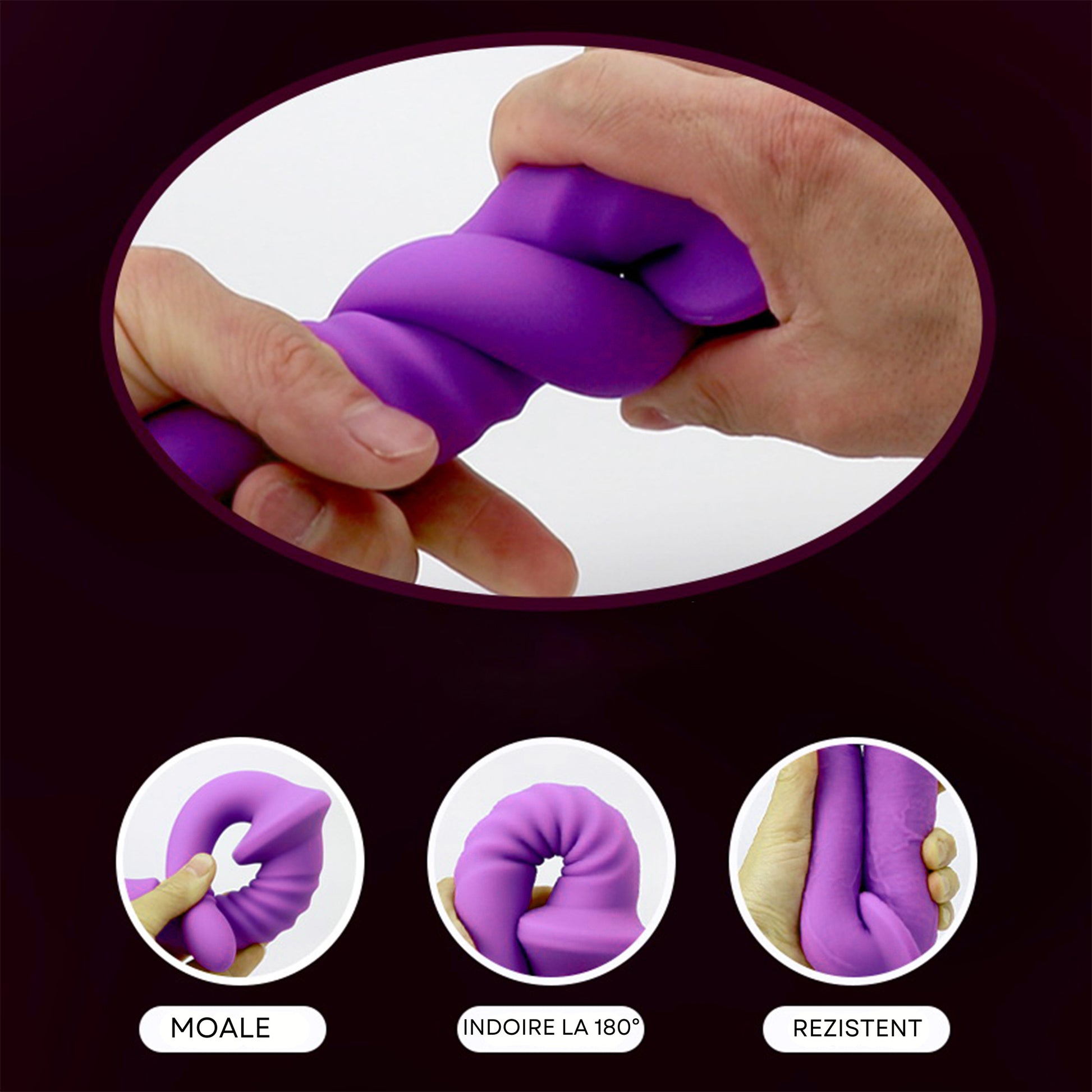 Dildo Dublu Strapless Loveplay™ DualLove din Silicon Premium, Lungime Inserabila 15 cm, respectiv 14 cm, Grosime 3.2 cm / 2.2 cm, Unghi Natural 45°, Flexibil, Moale, Rezistent la Apa, Compatibil cu Lenjerie Speciala, Potrivire Confortabila, Culoare Mov - LovePlay