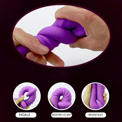 Dildo Dublu Strapless Loveplay™ DualLove din Silicon Premium, Lungime Inserabila 15 cm, respectiv 14 cm, Grosime 3.2 cm / 2.2 cm, Unghi Natural 45°, Flexibil, Moale, Rezistent la Apa, Compatibil cu Lenjerie Speciala, Potrivire Confortabila, Culoare Mov - LovePlay
