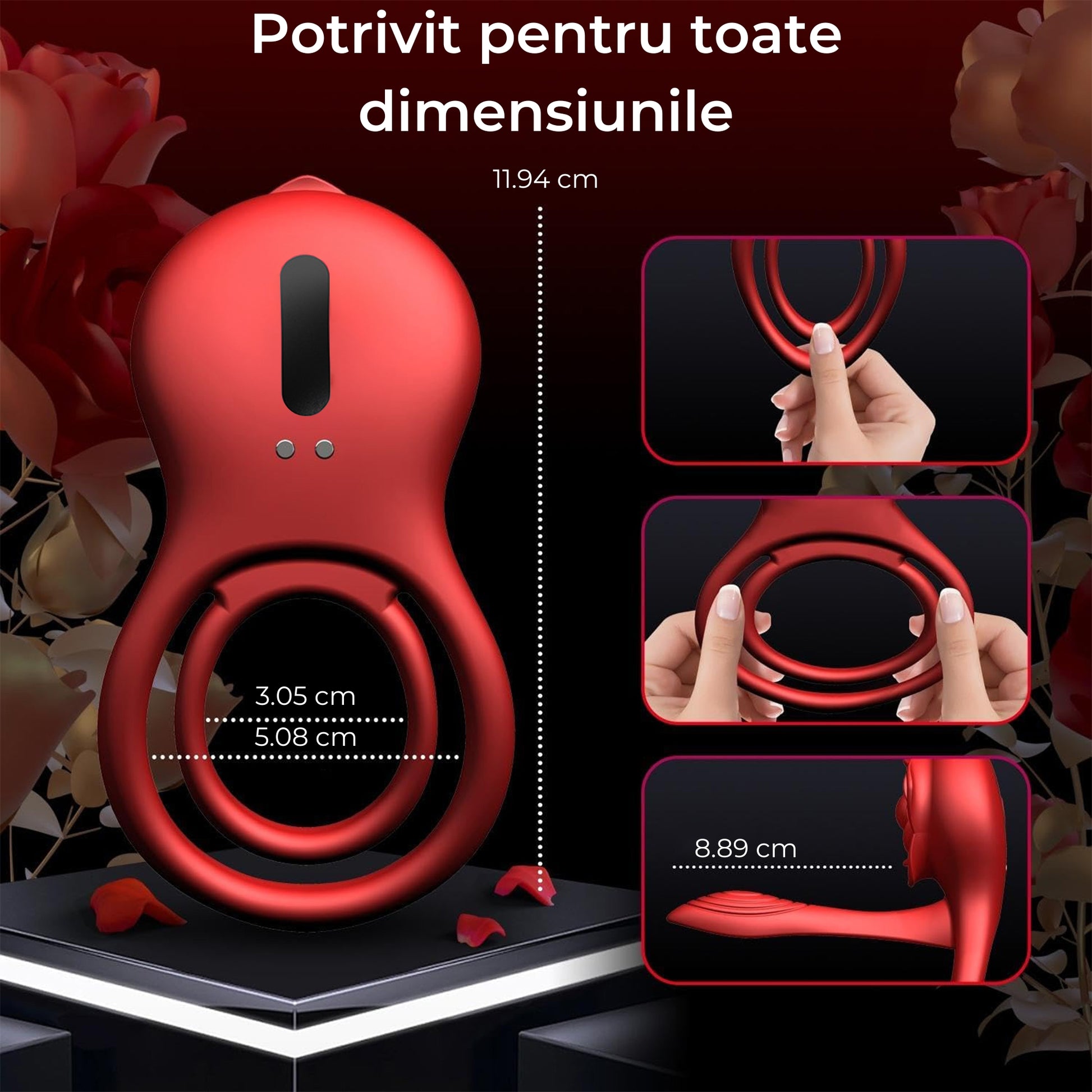 Vibrator LovePlay™ 3 in 1 RoseRing, 9 moduri de vibratie diferite, cu inel de penis pentru intarzierea ejacularii, stimulare clitoridiana si punct G, atasabil, cu telecomanda, incarcare USB, rezistent la apa, design floral, 10 x 10 x 5.4 cm - LovePlay