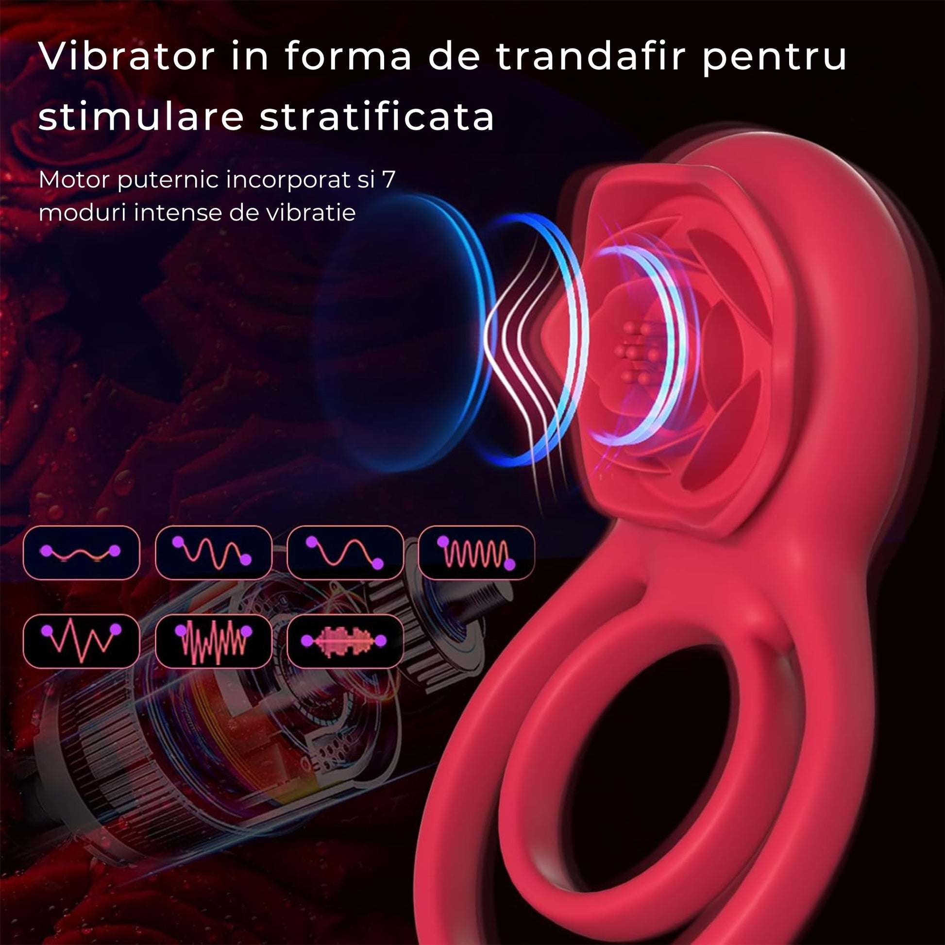 Vibrator LovePlay™ 2 in 1 RosePlay, cu inel dublu pentru penis si testicule, stimulare clitoris si punct G, 7 moduri vibratie, reincarcabil USB, silentios, rezistent la apa, silicon, rosu pudrat - LovePlay