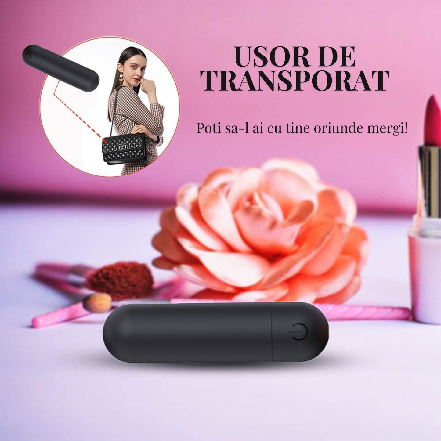 Vibrator LovePlay™ Mini, cu 10 moduri de vibratie, silentios, rezistent la apa, incarcare USB, usor de transportat si curatat, design discret, negru, din silicon, 7.5 cm - LovePlay