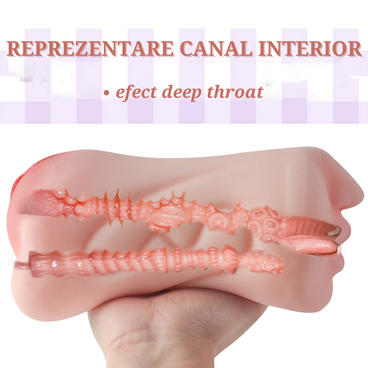 Masturbator ultra-realistic 3 gauri LovePlay™ MissHer, cu limba, din silicon premium non-toxic, canale cu striatii 3D, design anatomic, usor de curatat, rezistent la apa, 21 x 10 x 8.5 cm, 760 g - LovePlay