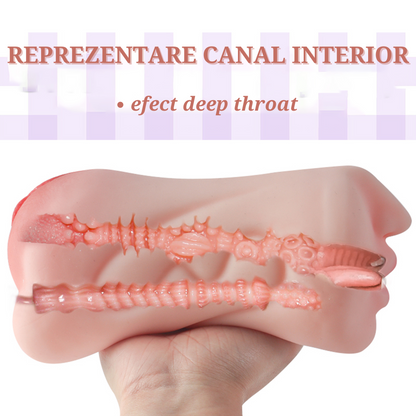 Masturbator ultra-realistic 3 gauri LovePlay™ MissHer, cu limba, din silicon premium non-toxic, canale cu striatii 3D, design anatomic, usor de curatat, rezistent la apa, 21 x 10 x 8.5 cm, 760 g - LovePlay