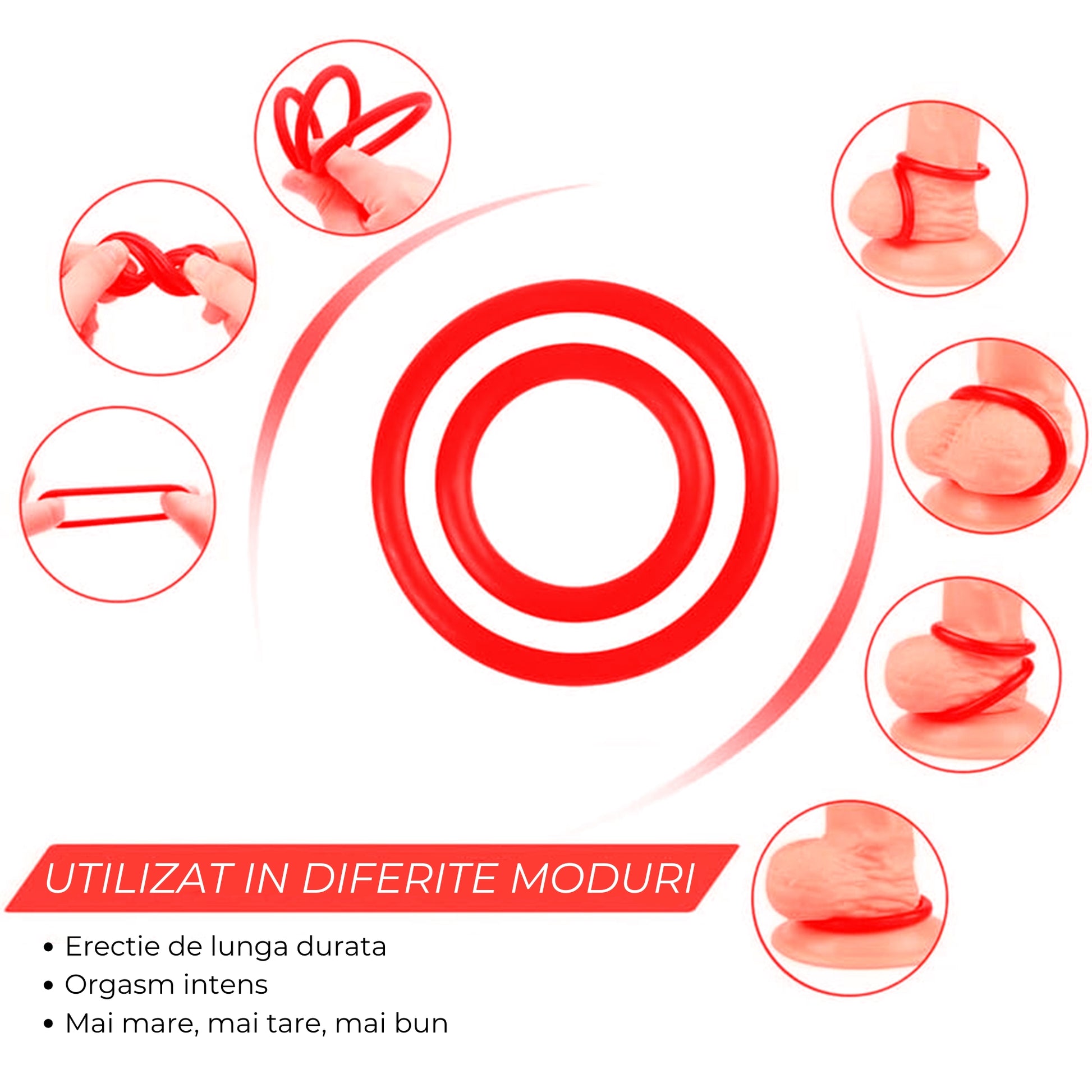 Set 3 inele de penis LovePlay™ pentru mentinerea erectiei si intarzierea ejacularii, din silicon, 3 dimeniuni: 5cm, 4cm si 3cm, rosu, confortabile si usor de utilizat - LovePlay