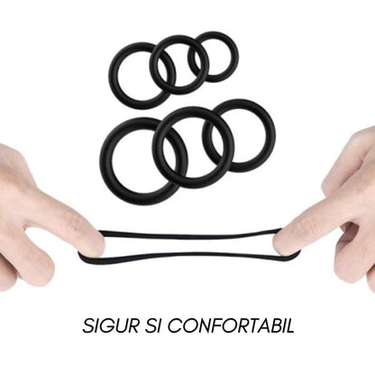 Set 3 inele de penis LovePlay™ pentru mentinerea erectiei si intarzierea ejacularii, din silicon, 3 dimeniuni: 5cm, 4cm si 3cm, negru, confortabile si usor de utilizat - LovePlay