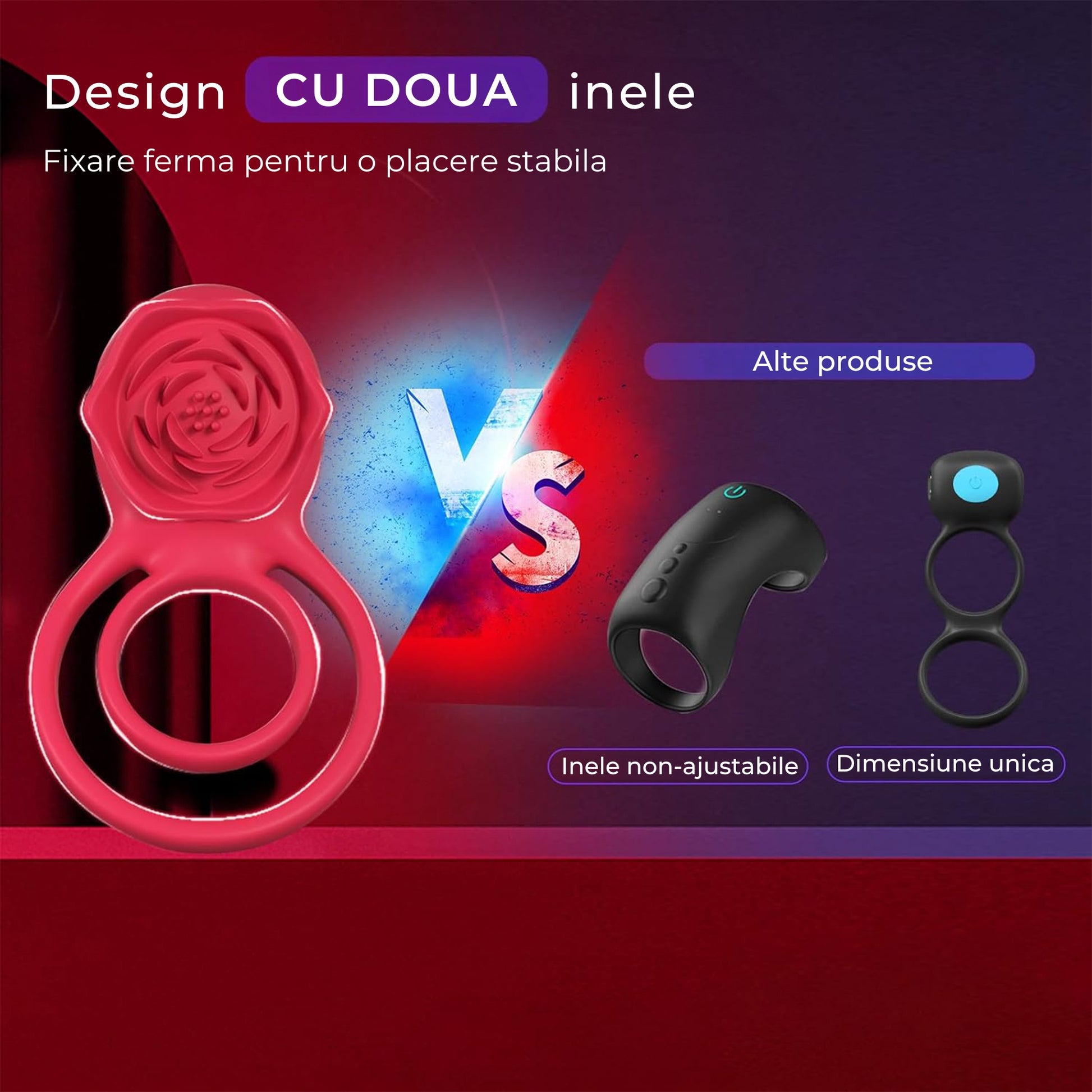 Vibrator LovePlay™ 2 in 1 RosePlay, cu inel dublu pentru penis si testicule, stimulare clitoris si punct G, 7 moduri vibratie, reincarcabil USB, silentios, rezistent la apa, silicon, rosu pudrat - LovePlay