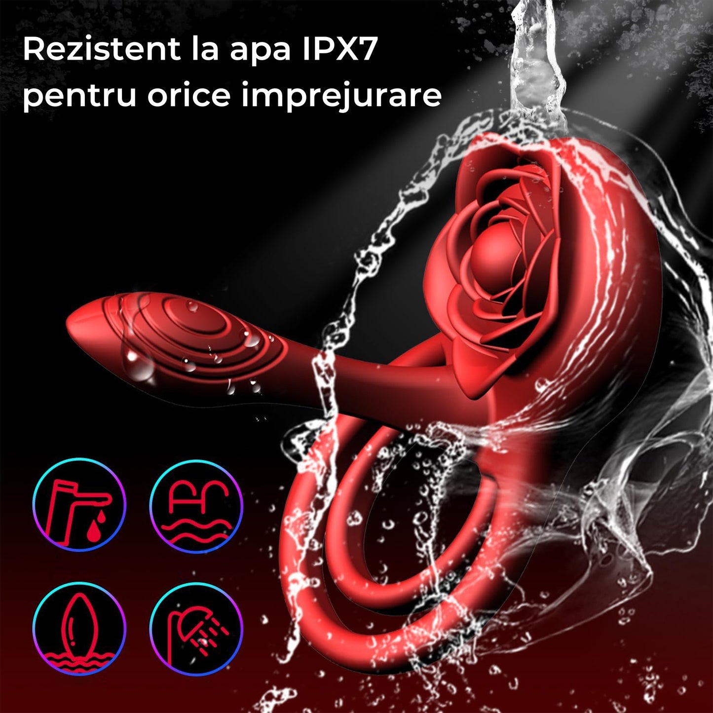 Vibrator LovePlay™ 3 in 1 RoseRing, 9 moduri de vibratie diferite, cu inel de penis pentru intarzierea ejacularii, stimulare clitoridiana si punct G, atasabil, cu telecomanda, incarcare USB, rezistent la apa, design floral, 10 x 10 x 5.4 cm - LovePlay