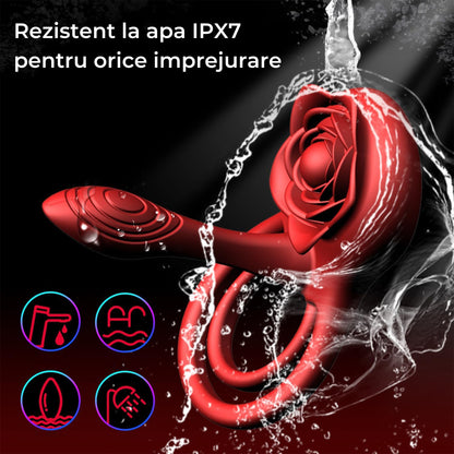 Vibrator LovePlay™ 3 in 1 RoseRing, 9 moduri de vibratie diferite, cu inel de penis pentru intarzierea ejacularii, stimulare clitoridiana si punct G, atasabil, cu telecomanda, incarcare USB, rezistent la apa, design floral, 10 x 10 x 5.4 cm - LovePlay