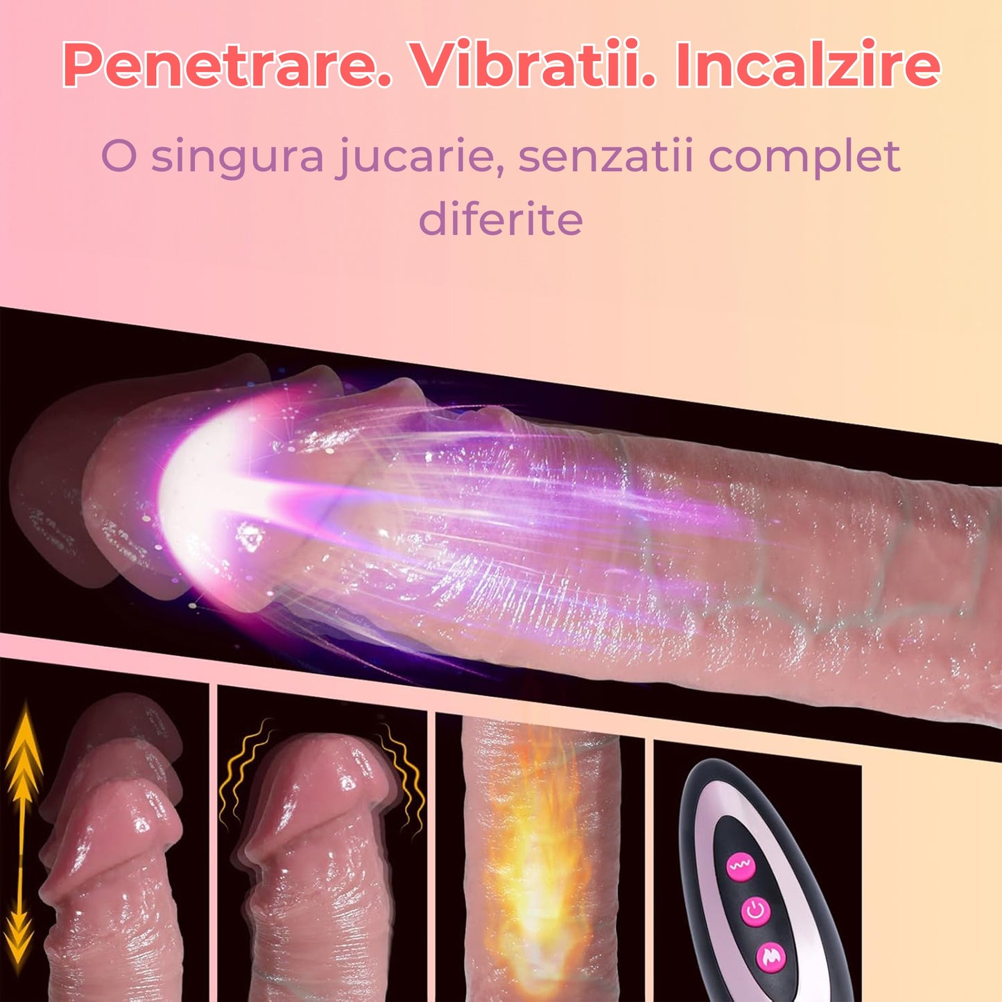 Dildo Ultra-Realistic Loveplay™ BetterThanHim, cu 10 frecvente diferite de vibratie, 7 frecvente diferite de penetrare, cu functie de incalzire si rotatie, lungime inserabila 13 cm, cu vene proeminente, din silicon, rezistent la apa, 18.8 x 3.7 cm - LovePlay