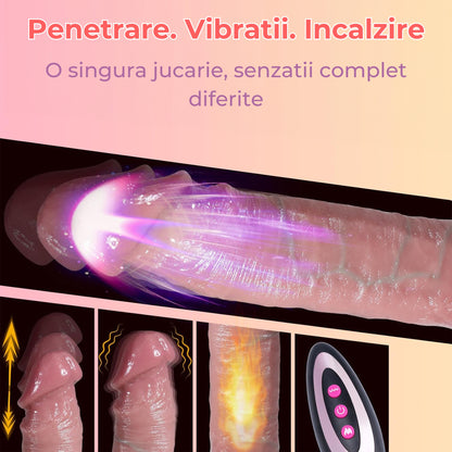 Dildo Ultra-Realistic Loveplay™ BetterThanHim, cu 10 frecvente diferite de vibratie, 7 frecvente diferite de penetrare, cu functie de incalzire si rotatie, lungime inserabila 13 cm, cu vene proeminente, din silicon, rezistent la apa, 18.8 x 3.7 cm - LovePlay