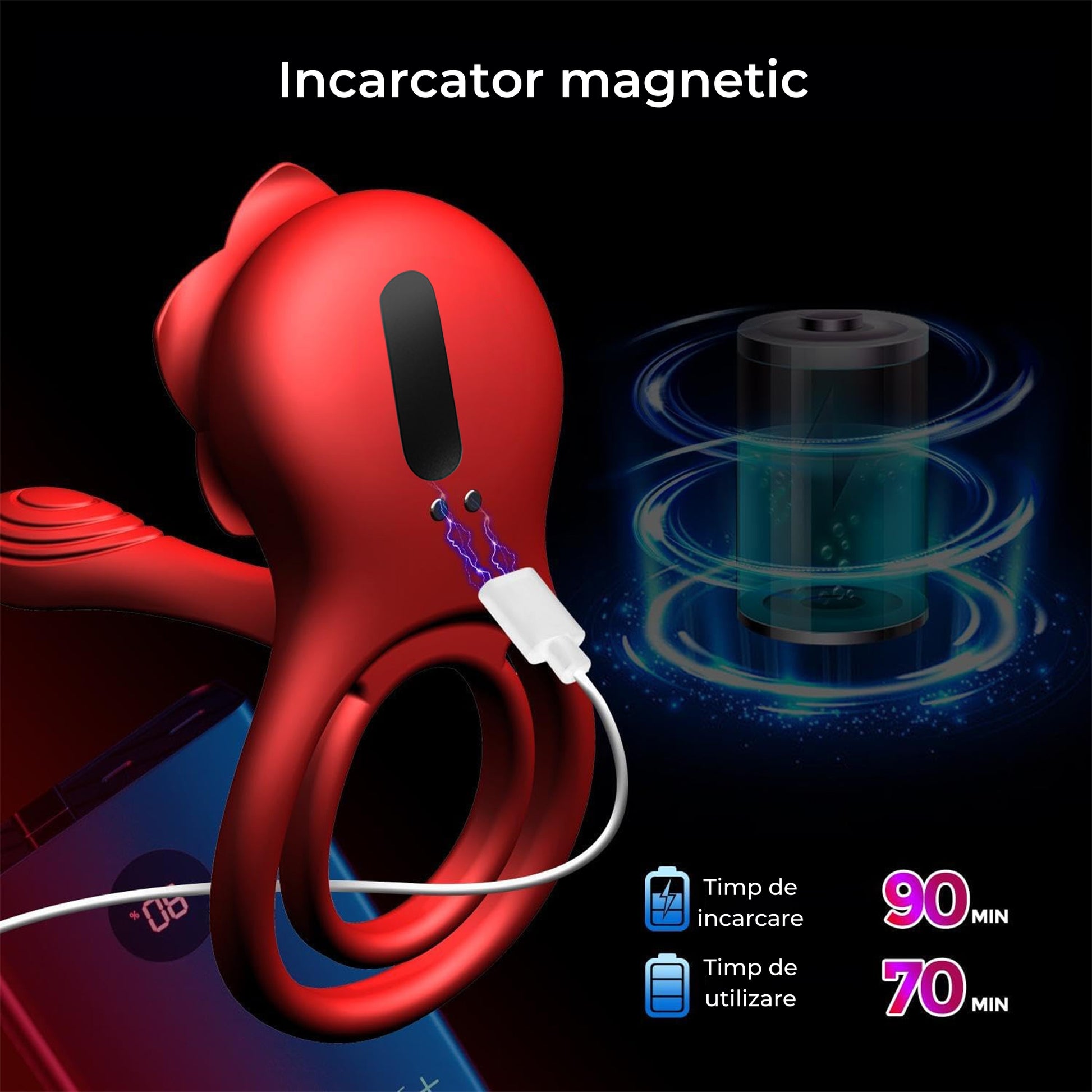 Vibrator LovePlay™ 3 in 1 RoseRing, 9 moduri de vibratie diferite, cu inel de penis pentru intarzierea ejacularii, stimulare clitoridiana si punct G, atasabil, cu telecomanda, incarcare USB, rezistent la apa, design floral, 10 x 10 x 5.4 cm - LovePlay