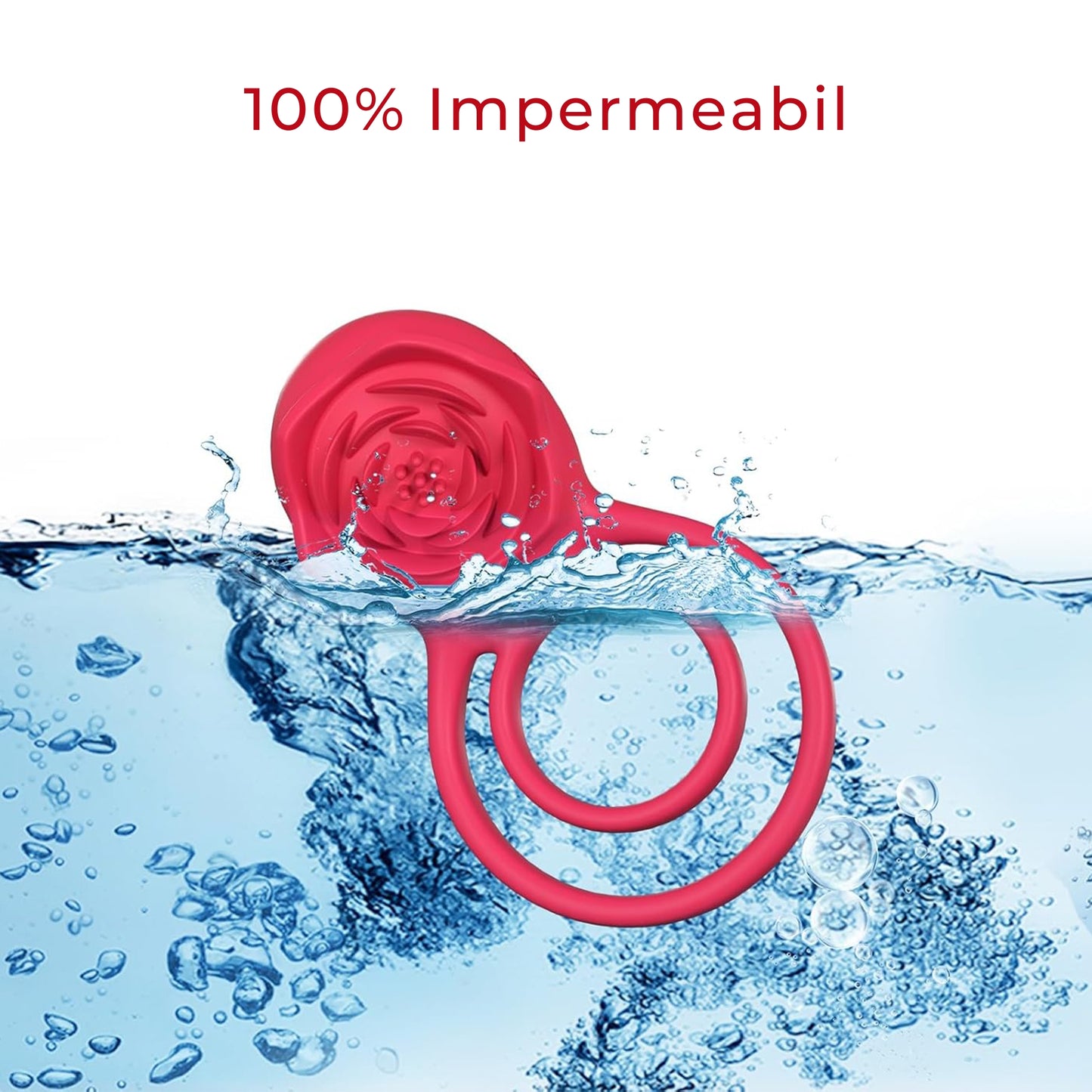 Vibrator LovePlay™ 2 in 1 RosePlay, cu inel dublu pentru penis si testicule, stimulare clitoris si punct G, 7 moduri vibratie, reincarcabil USB, silentios, rezistent la apa, silicon, rosu pudrat - LovePlay