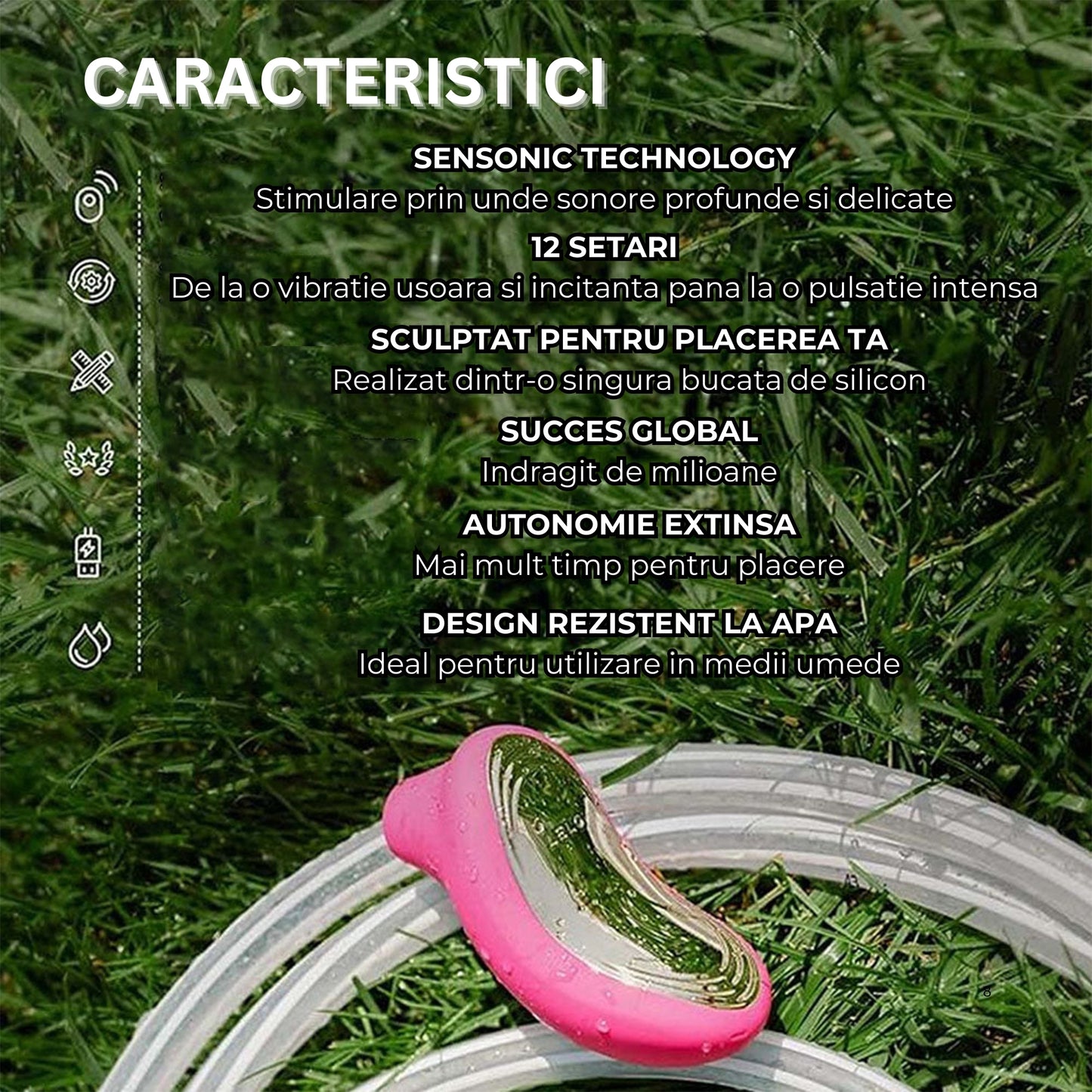 Vibrator Lelo SONA 2 cu 12 tipuri de pulsației și 8 trepte de intensitate, din silicon moale, rezistent la apa, ușor de curățat, încărcare USB, design și ambalaj discret, lungime totala 11,5 cm, lățime 5,4 cm, diametru interior al capului 1,1 cm. - LovePlay