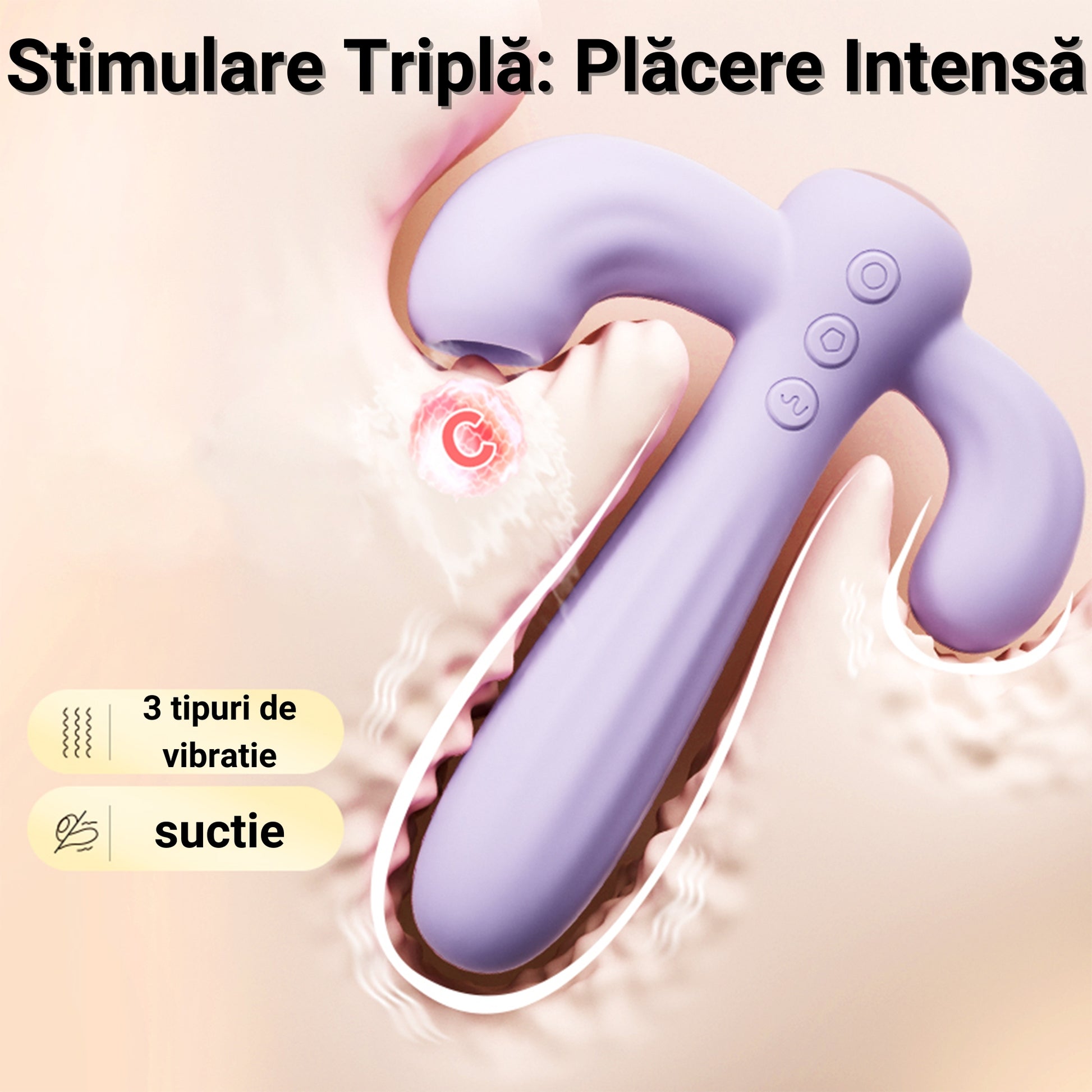 Vibrator LovePlay™ Cactus cu 10 tipuri diferite de vibratie si suctie, stimulare tripla, punctul G, punctul C si anal, din silicon, mov, rezistent la apa, incarcare magnetica, design discret, usor de folosit - LovePlay