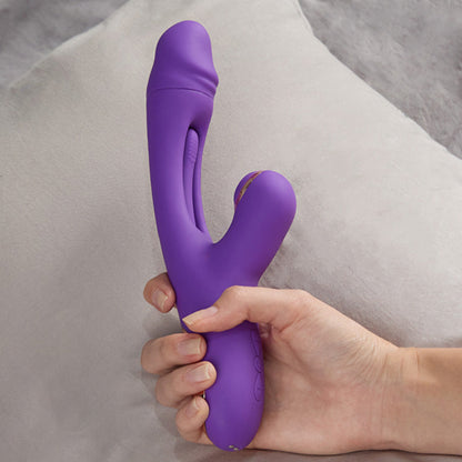 Vibrator 3in1 LovePlay™ Euphoria cu 7 tipuri diferite de vibratie, 7 moduri diferite de suctie si tapping, incarcare magnetica USB, rezistent la apa, din silicon, silentios, mov, 25x4,2 cm - LovePlay