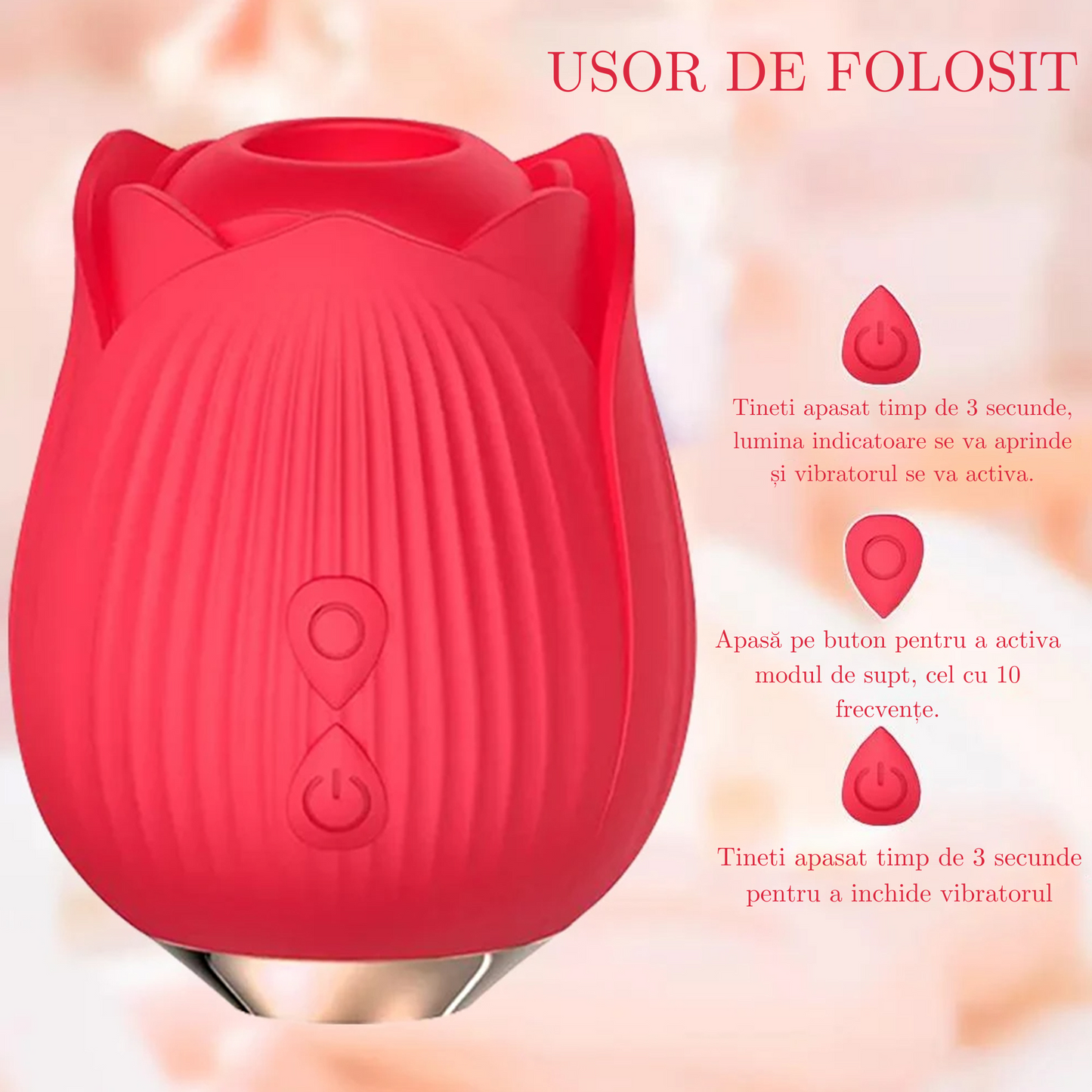 Vibrator LovePlay™ RedRose, cu 10 moduri de vibratie diferite, functie de suctiune, pentru stimularea sanilor si a clitorisului, design discret, rezistent la apa, rosu, reincarcabil prin cablu usb - LovePlay