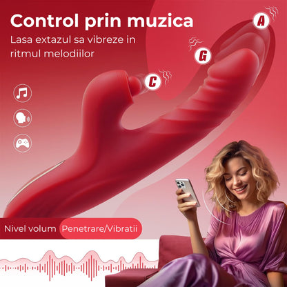 Vibrator LovePlay 4 in 1 RedRabbit, cu 5 tipuri de suctie si 10 de vibratie, tip iepure, motor dublu, design discret, incarcare USB, stimulare vaginala, clitoridiana, puncte C, G si A, din silicon, rosu, 10 x 10 x 20 cm - LovePlay