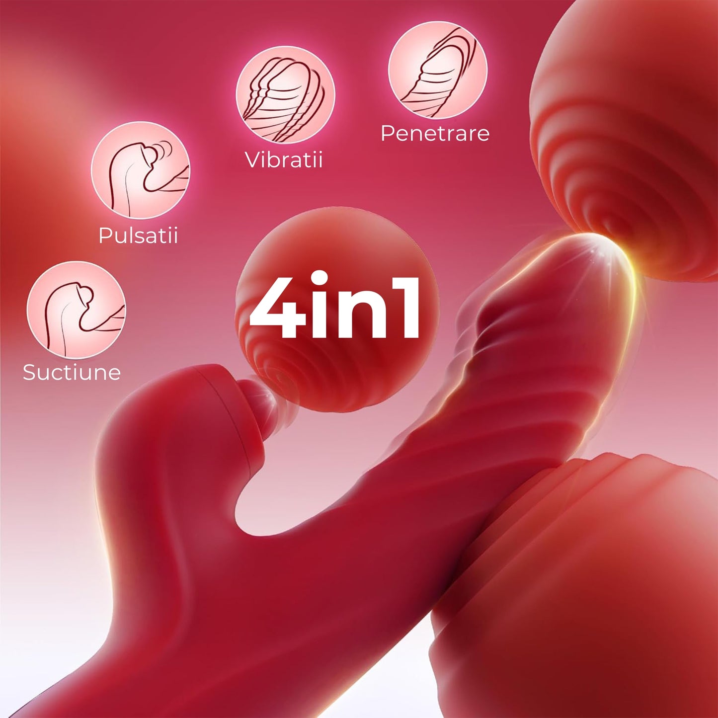 Vibrator LovePlay 4 in 1 RedRabbit, cu 5 tipuri de suctie si 10 de vibratie, tip iepure, motor dublu, design discret, incarcare USB, stimulare vaginala, clitoridiana, puncte C, G si A, din silicon, rosu, 10 x 10 x 20 cm - LovePlay