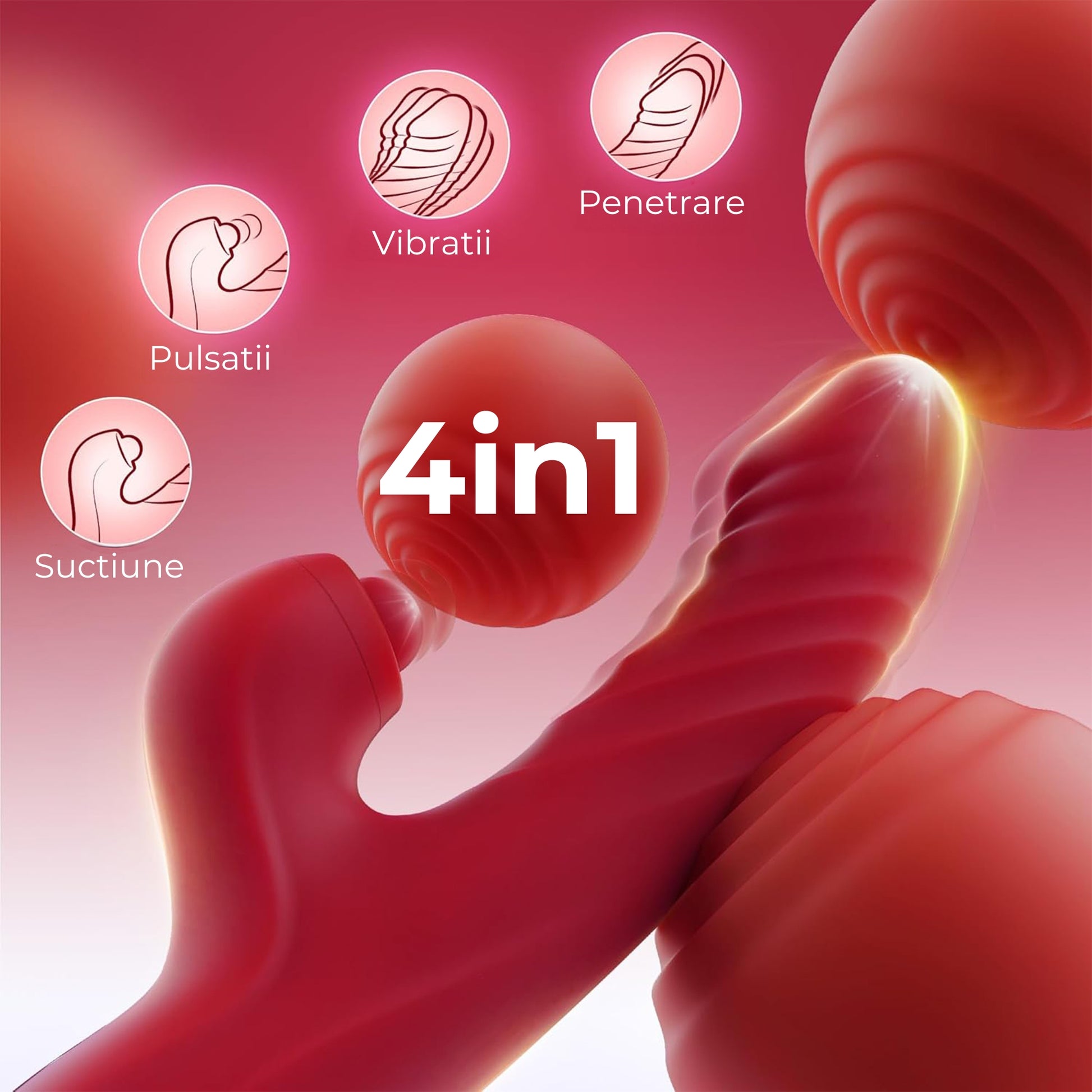 Vibrator LovePlay 4 in 1 RedRabbit, cu 5 tipuri de suctie si 10 de vibratie, tip iepure, motor dublu, design discret, incarcare USB, stimulare vaginala, clitoridiana, puncte C, G si A, din silicon, rosu, 10 x 10 x 20 cm - LovePlay