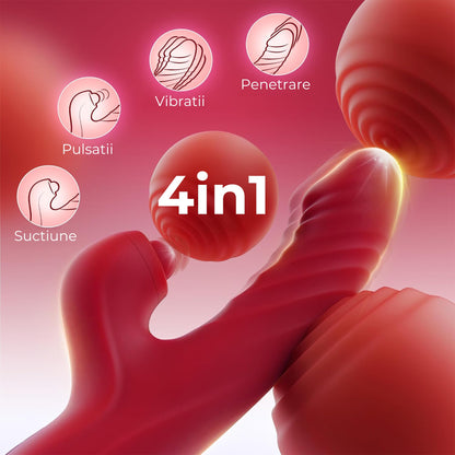 Vibrator LovePlay 4 in 1 RedRabbit, cu 5 tipuri de suctie si 10 de vibratie, tip iepure, motor dublu, design discret, incarcare USB, stimulare vaginala, clitoridiana, puncte C, G si A, din silicon, rosu, 10 x 10 x 20 cm - LovePlay
