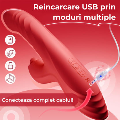 Vibrator LovePlay 4 in 1 RedRabbit, cu 5 tipuri de suctie si 10 de vibratie, tip iepure, motor dublu, design discret, incarcare USB, stimulare vaginala, clitoridiana, puncte C, G si A, din silicon, rosu, 10 x 10 x 20 cm - LovePlay