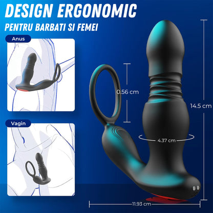 Vibrator Anal 3-in-1 LovePlay™ ThrustMaster, 7 Moduri de Vibratie, cu Miscare de Piston, Inel pentru Penis, Control prin Aplicatie si Telecomanda, Rezistent la Apa, Silicon Premium - LovePlay