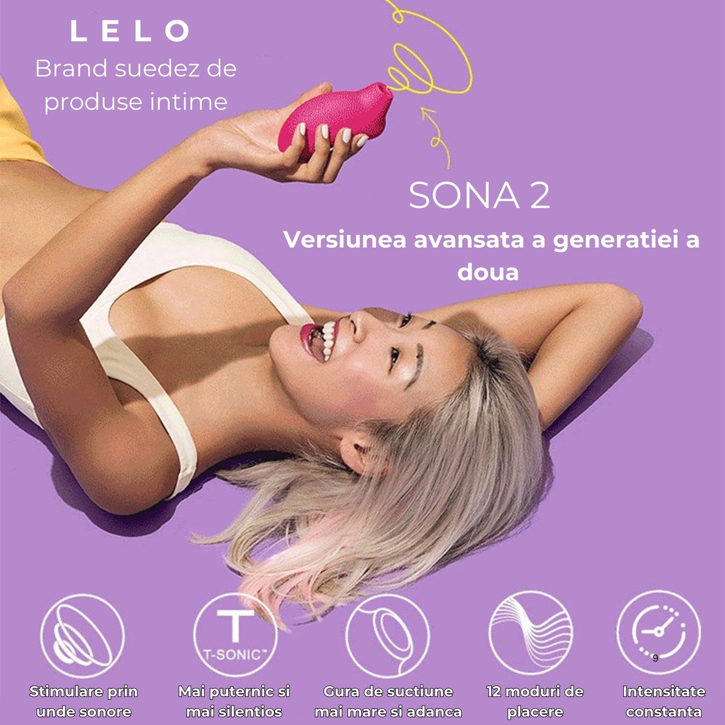 Vibrator Lelo SONA 2 cu 12 tipuri de pulsației și 8 trepte de intensitate, din silicon moale, rezistent la apa, ușor de curățat, încărcare USB, design și ambalaj discret, lungime totala 11,5 cm, lățime 5,4 cm, diametru interior al capului 1,1 cm. - LovePlay