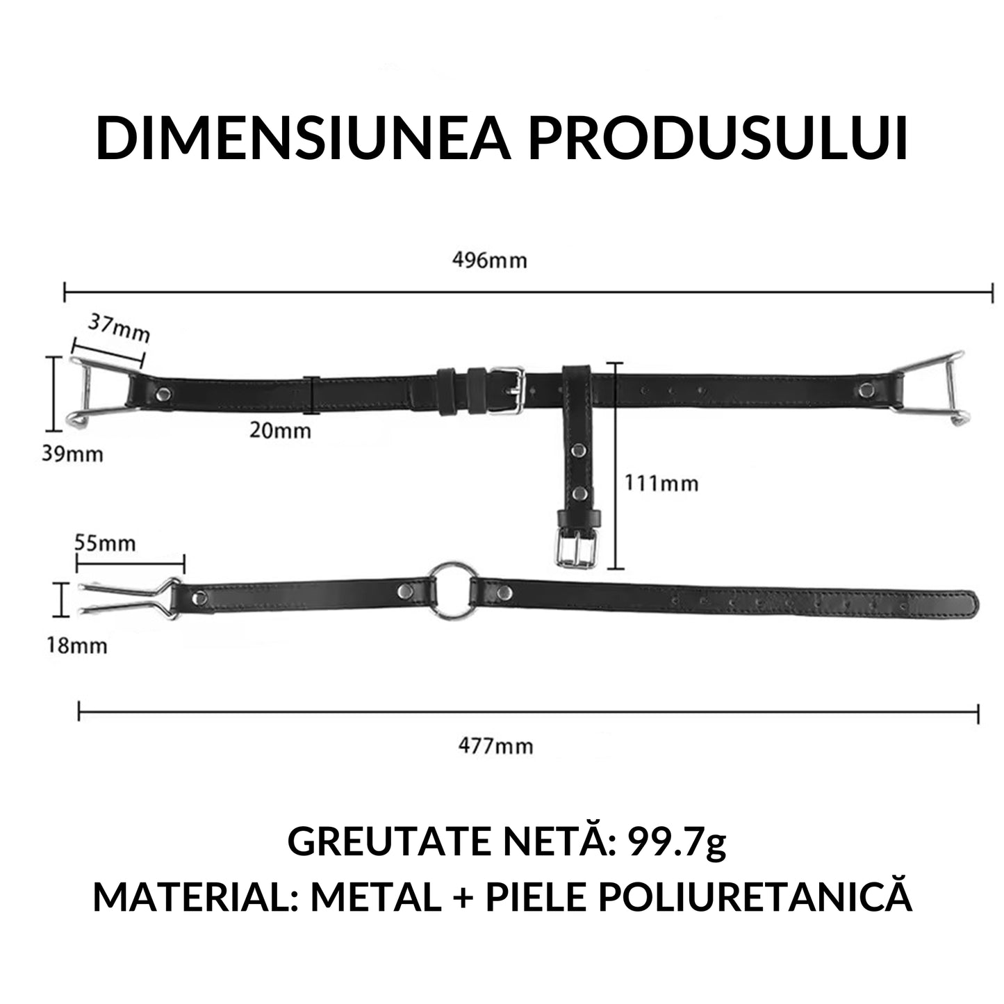Set BSDM TiedUp LovePlay™ din piele ecologica pentru retinere faciala, cu carlig pentru nas si retractor pentru obraji, ajustabil, cu prindere prin curea, 50 x 48 cm - LovePlay