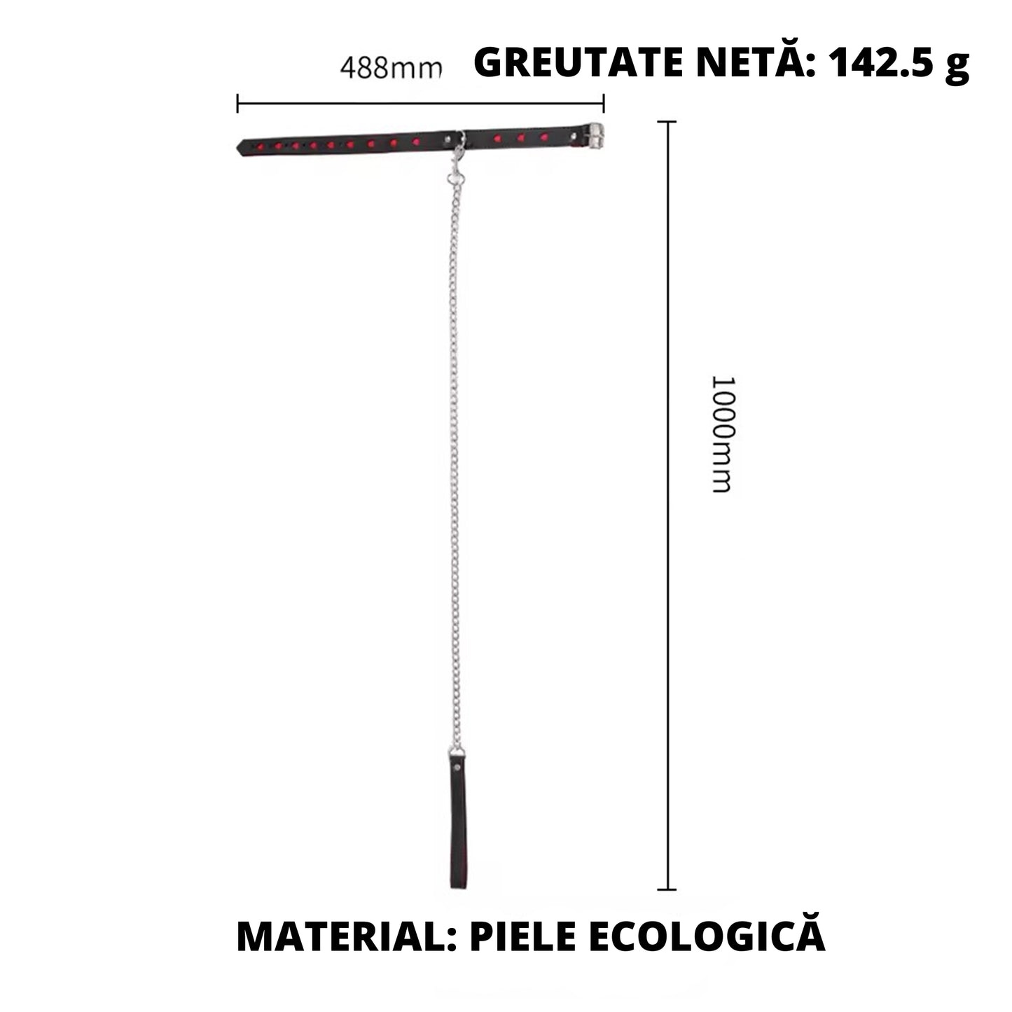 Set 2in1 WalkMe LovePlay™ cu zgarda si lesa erotice BDSM, din piele egologica, negru cu rosu, ajustabil, cu lant din otel inoxidabil argintiu, zgarda 48.8 cm, lesa 100 cm, 142.5 g - LovePlay