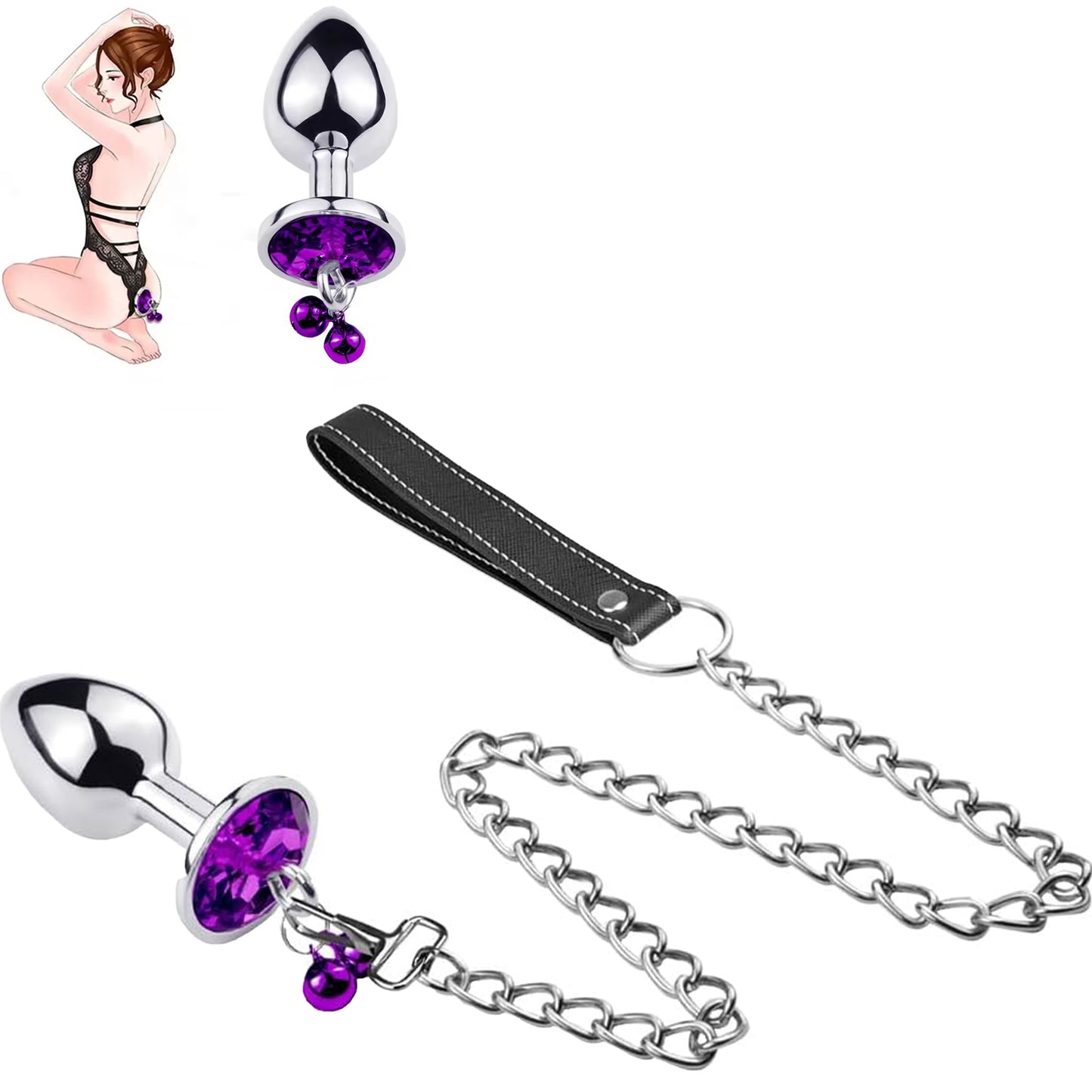 Set Dop Anal Loveplay™ GoodGirl, cu Lesa de 65 cm si Clopotei, Bijuterie Mov, din Otel Inoxidabil, Marime S, Lungime 70 mm, Diametru 27 mm, Forma Conica, Rezistent la Apa - LovePlay