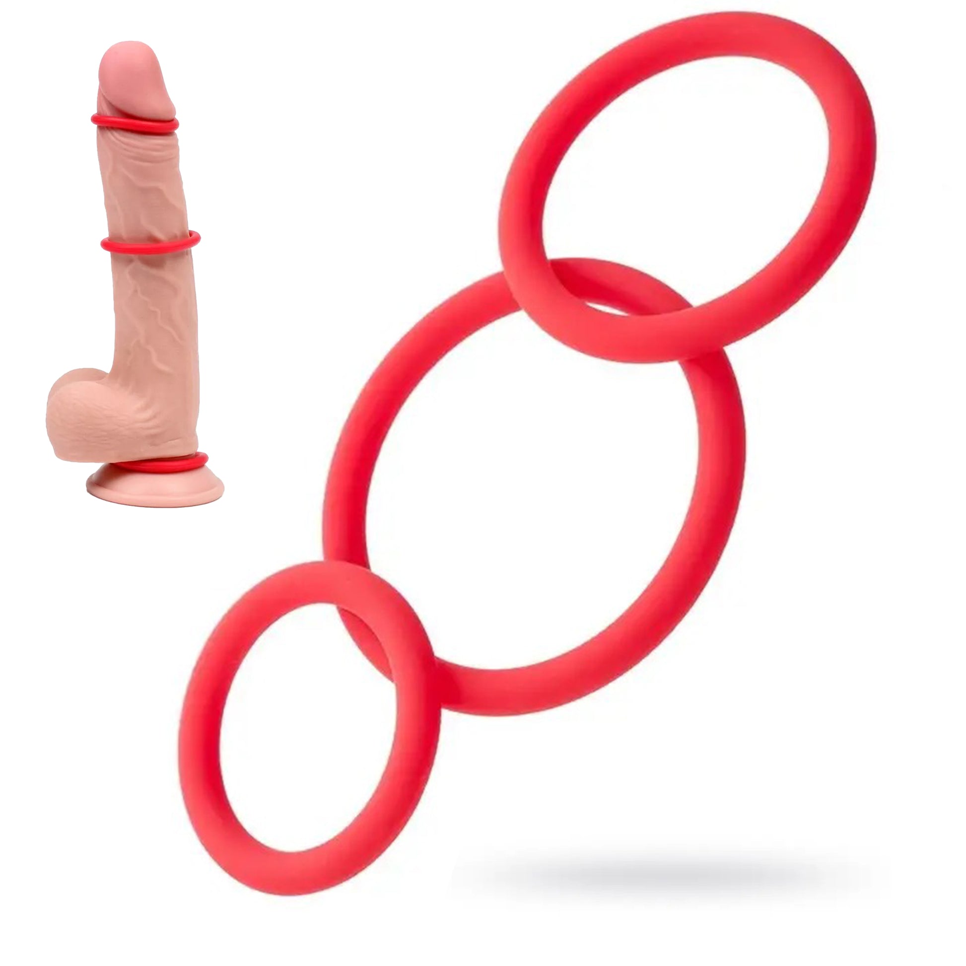 Set 3 inele de penis LovePlay™ pentru mentinerea erectiei si intarzierea ejacularii, din silicon, 3 dimeniuni: 5cm, 4cm si 3cm, rosu, confortabile si usor de utilizat - LovePlay