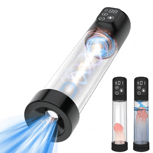 Pompa pentru penis LovePlay™ PowerPump, cu efect de suctie si vibratie puternice, pentru marirea penisului, rezistent la apa, rezistent la apa, incarcare prin USB, silentios, 28 x 6 cm, din silicon, negru - LovePlay