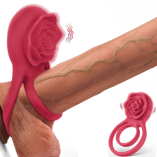 Vibrator LovePlay™ 2 in 1 RosePlay, cu inel dublu pentru penis si testicule, stimulare clitoris si punct G, 7 moduri vibratie, reincarcabil USB, silentios, rezistent la apa, silicon, rosu pudrat - LovePlay