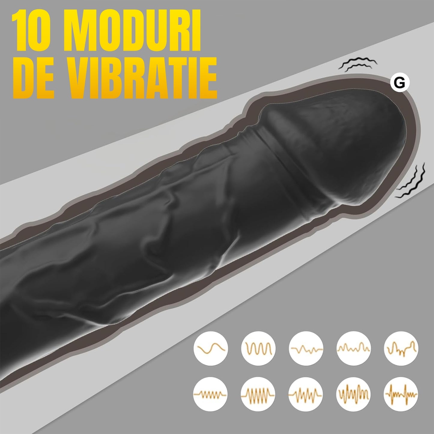 Dildo Vibrator LovePlay™ PulseGrip, cu 10 Moduri de Vibratie si Textura Realista, Maner Ergonomic, Silicon Moale, Flexibil si Impermeabil IPX5, Design cu Relief pentru Stimulare Intensa, Negru - LovePlay