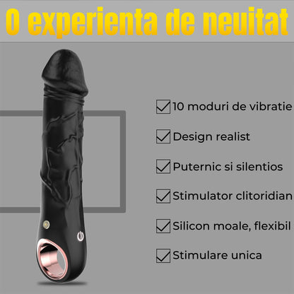 Dildo Vibrator LovePlay™ PulseGrip, cu 10 Moduri de Vibratie si Textura Realista, Maner Ergonomic, Silicon Moale, Flexibil si Impermeabil IPX5, Design cu Relief pentru Stimulare Intensa, Negru - LovePlay